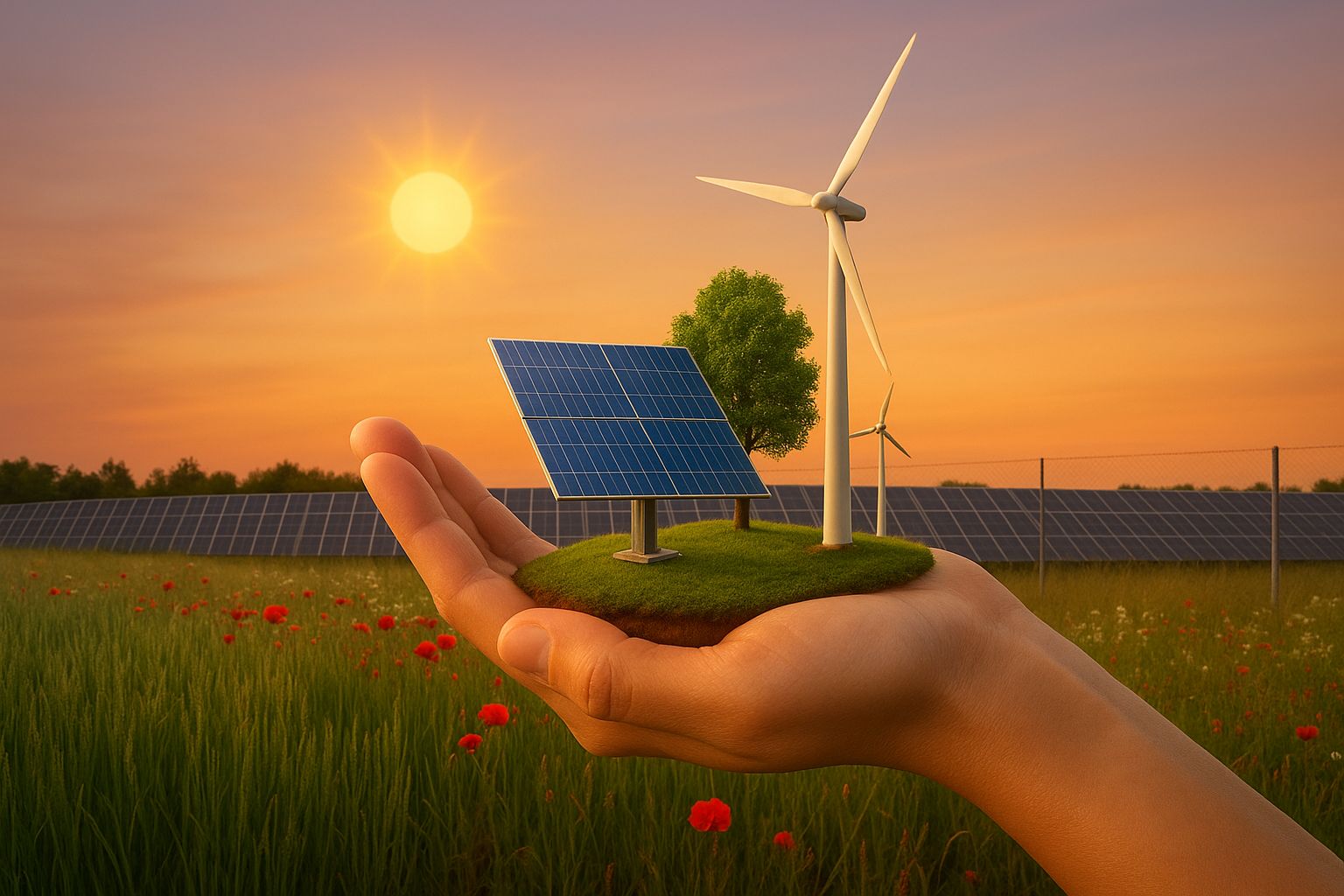 Sustainable development concept: open hand holding a miniature green island with a solar panel and a wind turbine, under a bright sun.