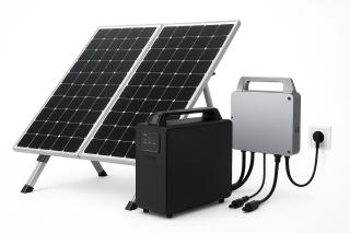 Portable solar panels connected to a power station and external battery unit, suitable for home backup or camping.
