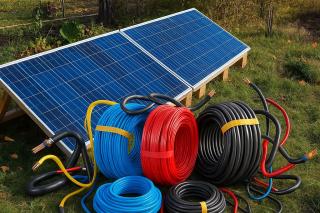 Portable solar panels with coils of blue, red, and black electrical cables in the foreground, ready for photovoltaic installation.